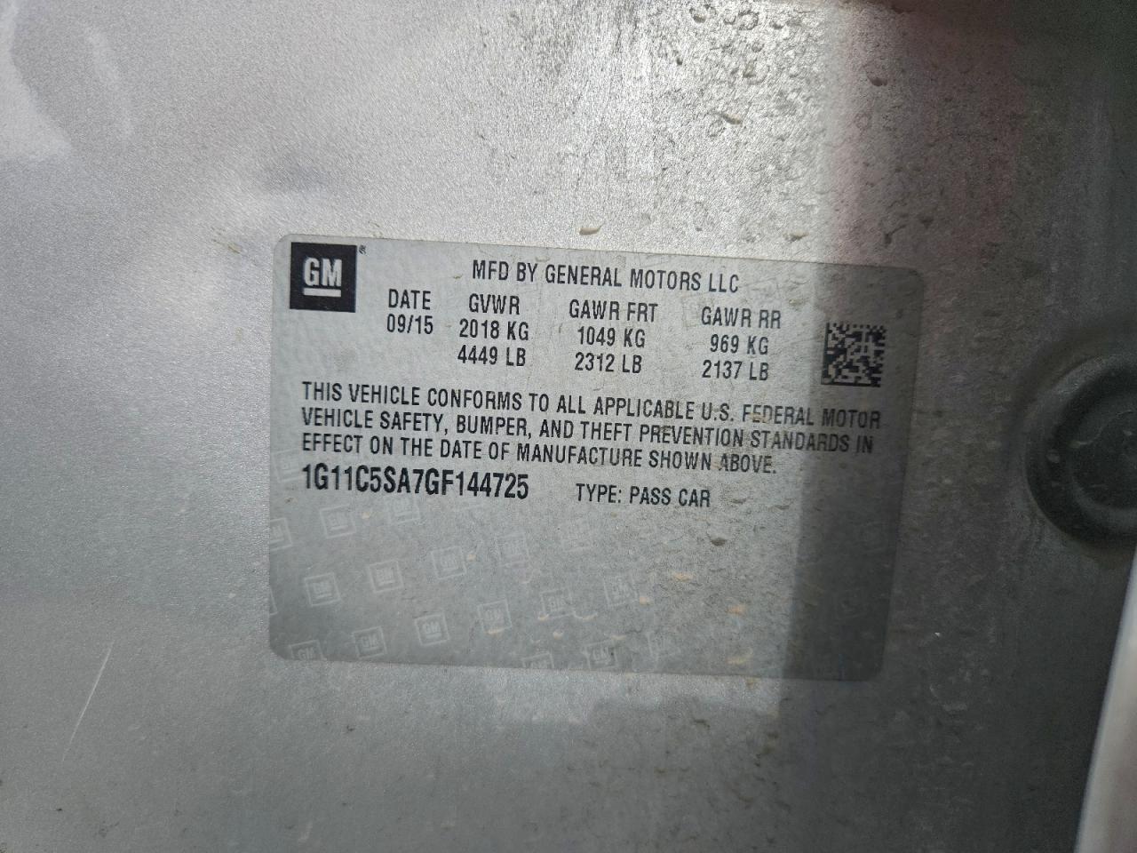 2016 Chevrolet Malibu Limited Lt VIN: 1G11C5SA7GF144725 Lot: 93267345