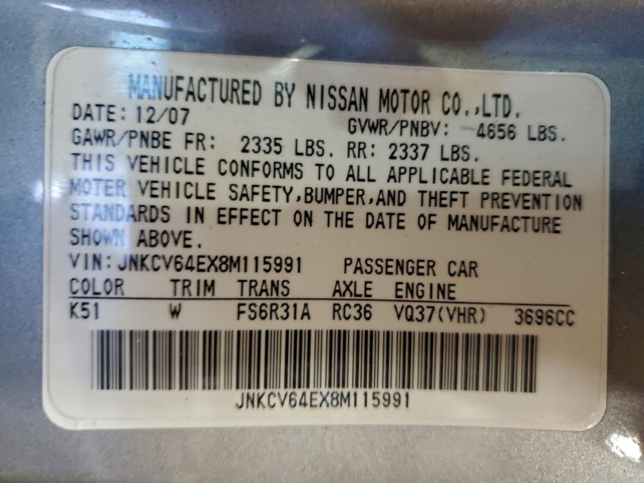 2008 Infiniti G37 Base VIN: JNKCV64EX8M115991 Lot: 93898975