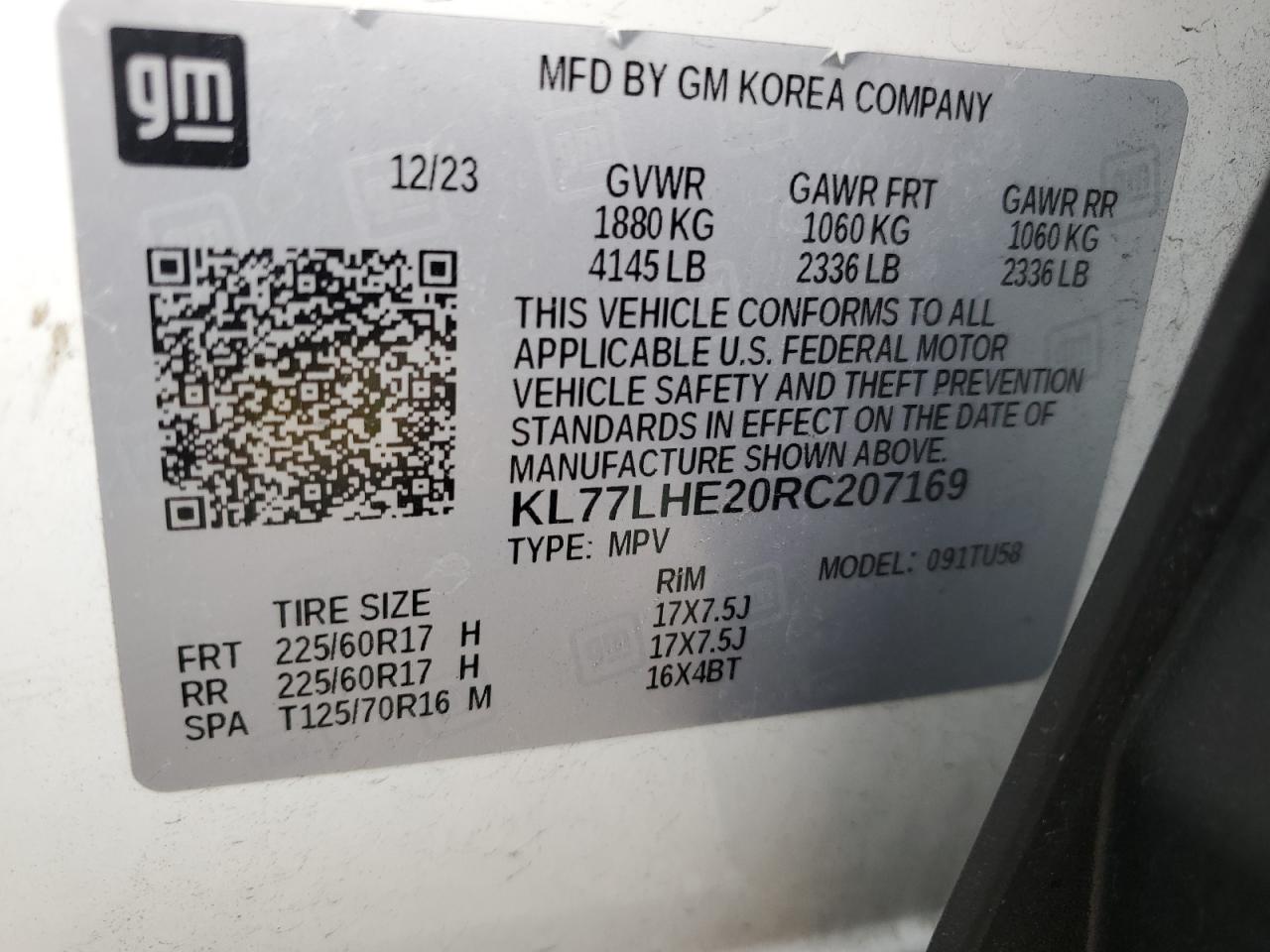 2024 Chevrolet Trax 1Lt VIN: KL77LHE20RC207169 Lot: 92957525