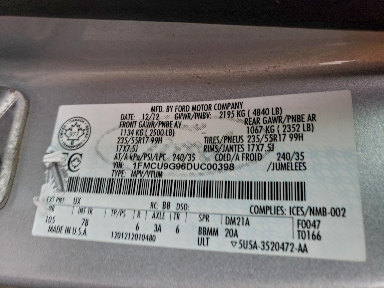 2013 Ford Escape Se VIN: 1FMCU9G96DUC00398 Lot: 93646885