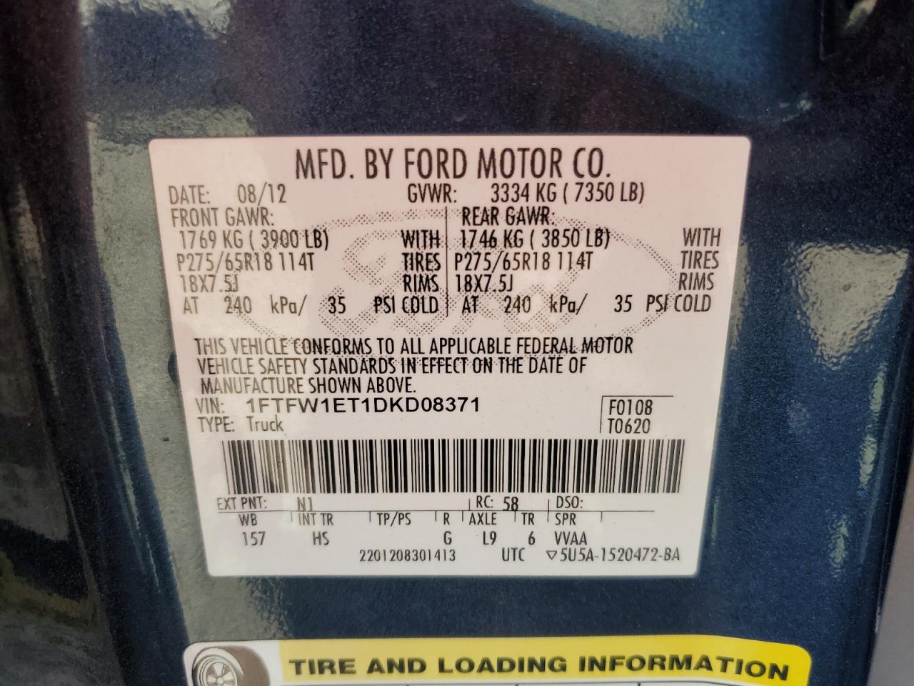 2013 Ford F150 Supercrew VIN: 1FTFW1ET1DKD08371 Lot: 91605755