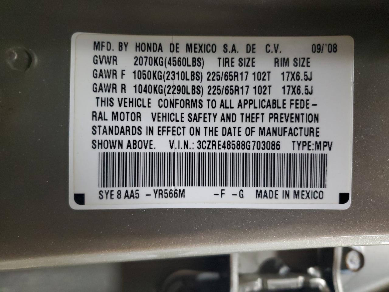 2008 Honda Cr-V Ex VIN: 3CZRE48588G703086 Lot: 93408145