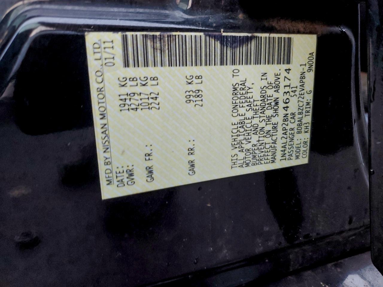 2011 Nissan Altima Base VIN: 1N4AL2AP2BN463174 Lot: 94059195