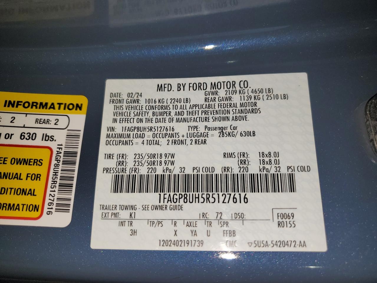 2024 Ford Mustang VIN: 1FAGP8UH5R5127616 Lot: 94106405