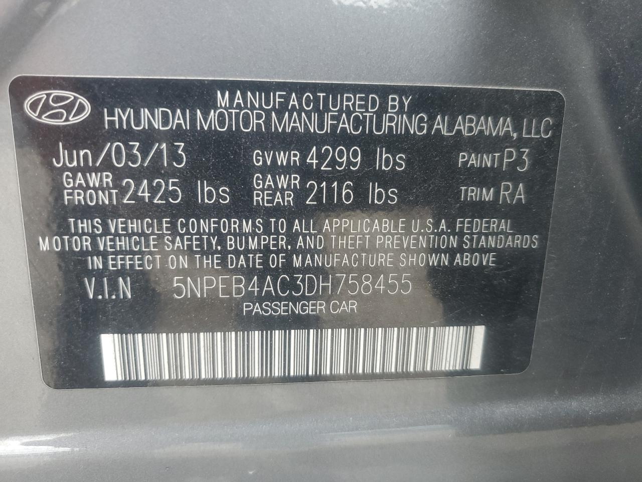 2013 Hyundai Sonata Gls VIN: 5NPEB4AC3DH758455 Lot: 92724105