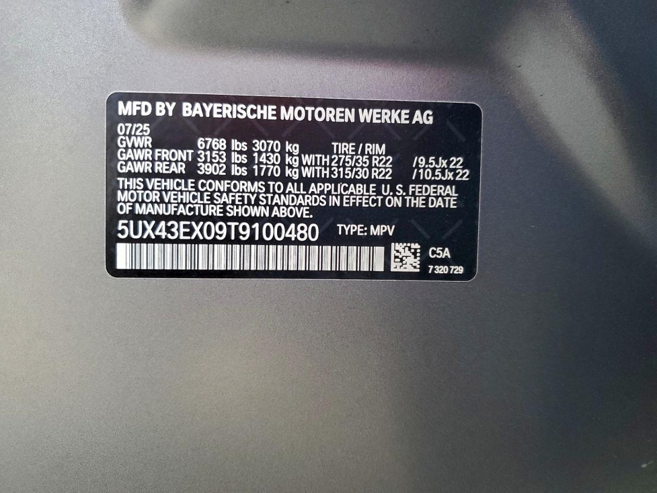 2026 BMW X6 M60I VIN: 5UX43EX09T9100480 Lot: 91781535