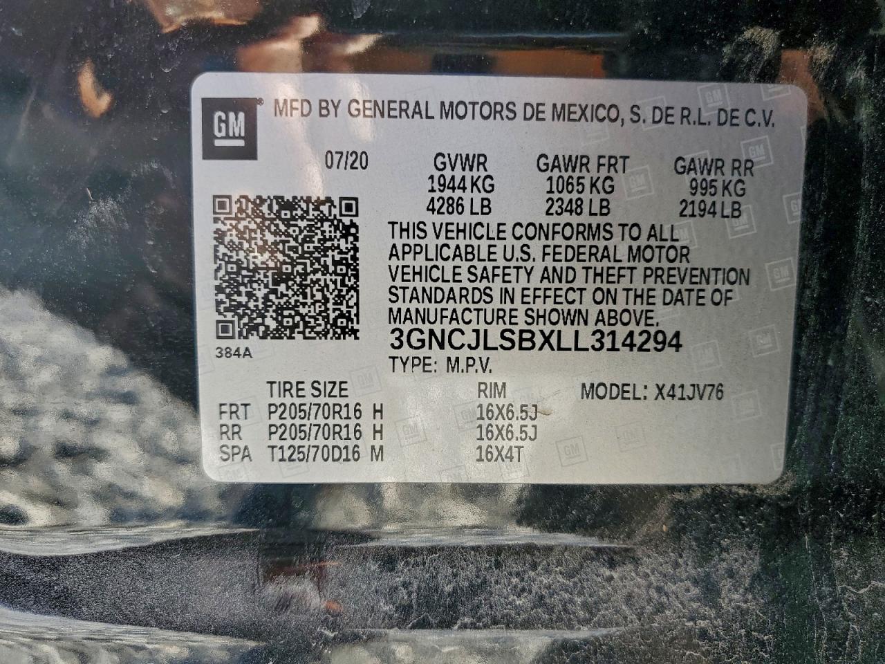 2020 Chevrolet Trax 1Lt VIN: 3GNCJLSBXLL314294 Lot: 94236695