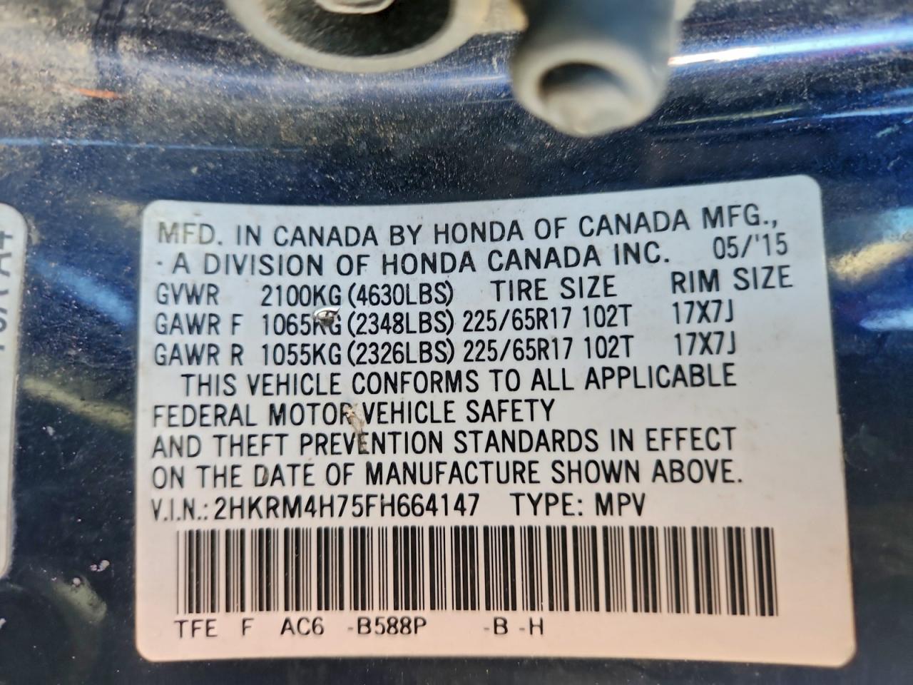 2015 Honda Cr-V Exl VIN: 2HKRM4H75FH664147 Lot: 94525075