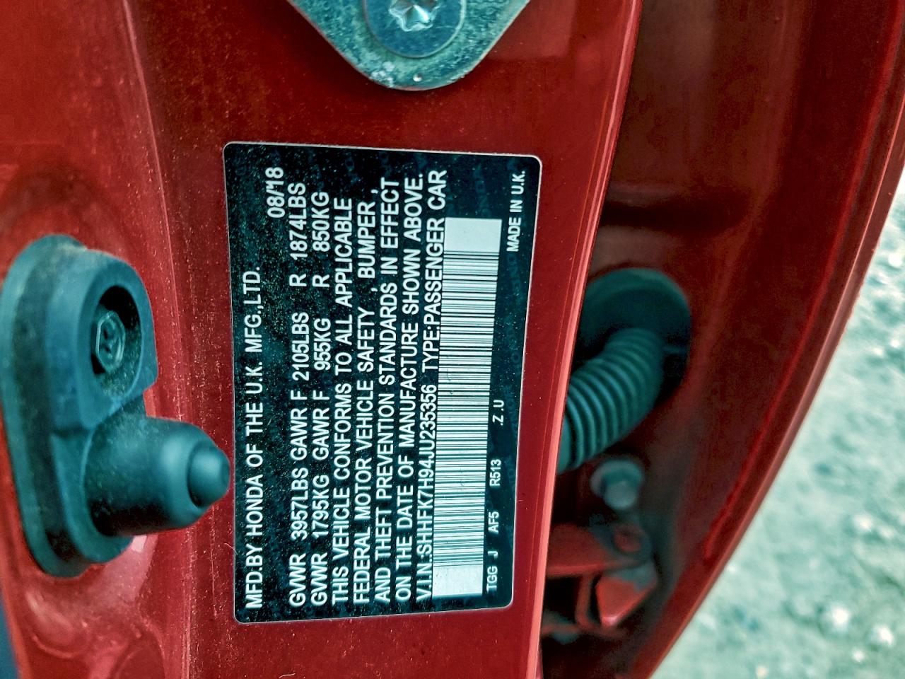 2018 Honda Civic Sport Touring VIN: SHHFK7H94JU235356 Lot: 94141305