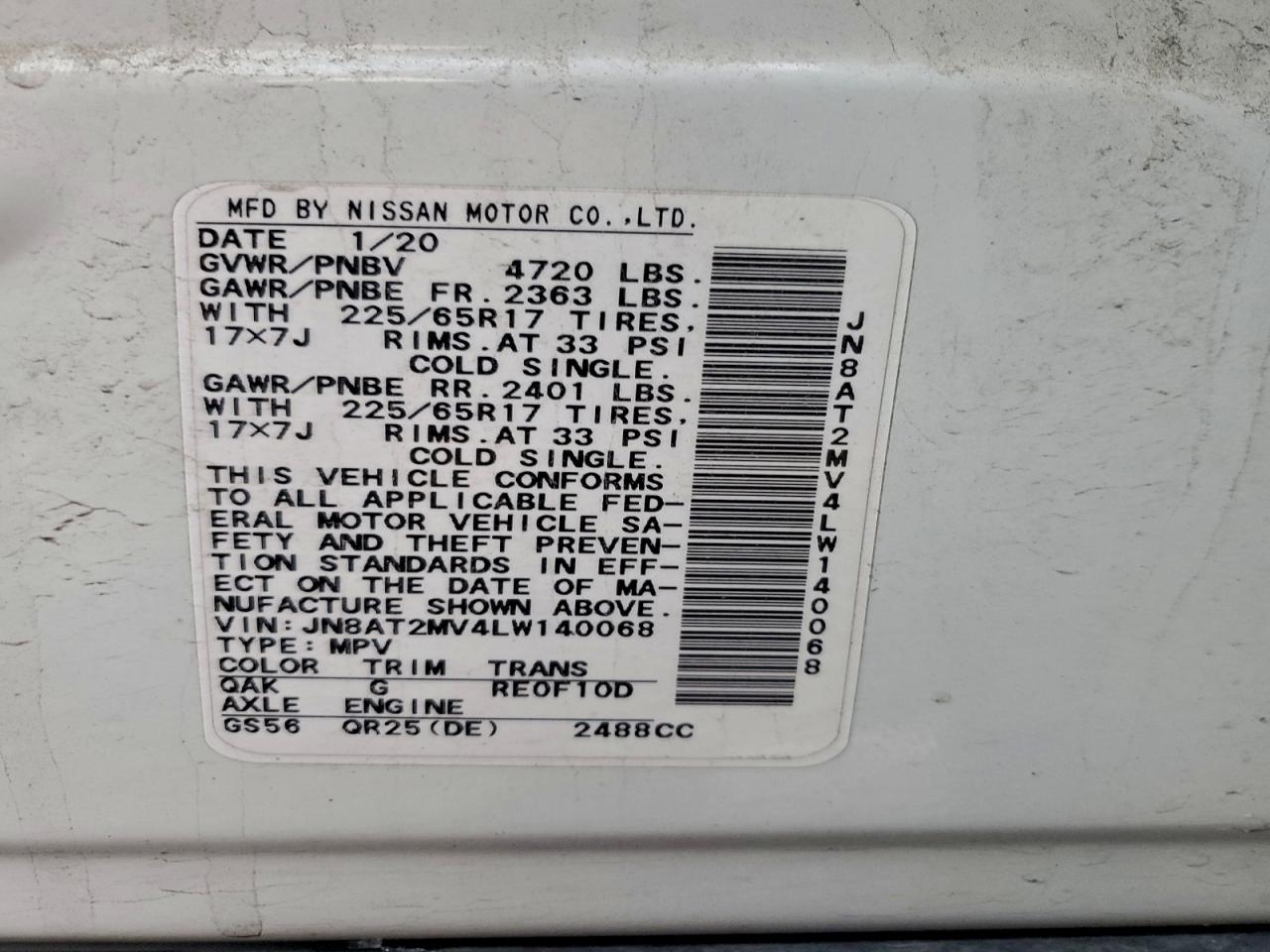 2020 Nissan Rogue S VIN: JN8AT2MV4LW140068 Lot: 94048375