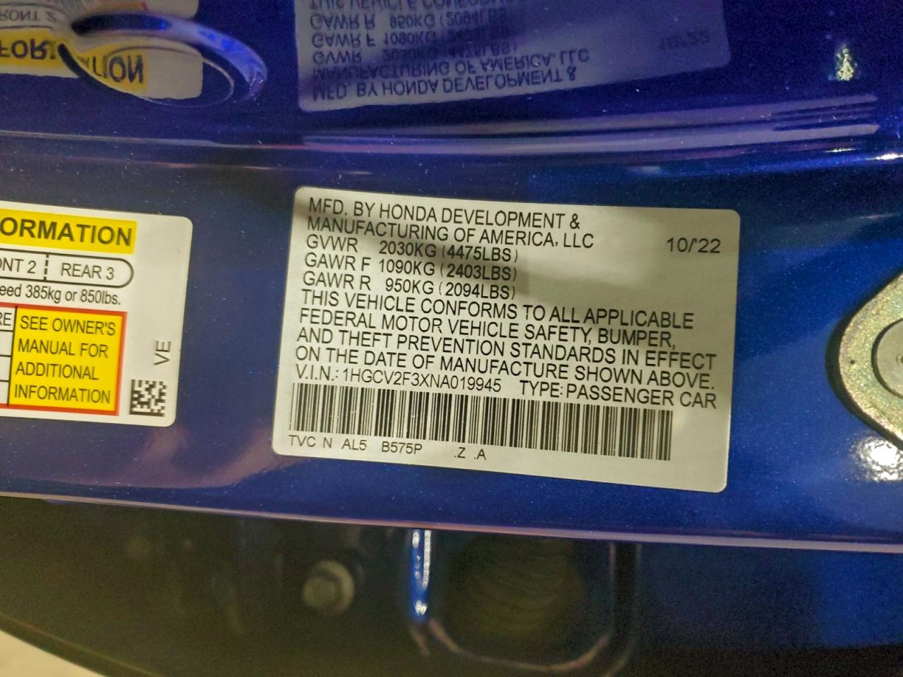 2022 Honda Accord Sport VIN: 1HGCV2F3XNA019945 Lot: 93108895