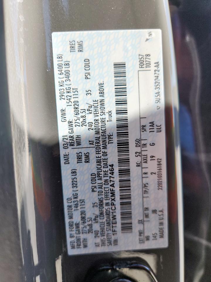 2021 Ford F150 Supercrew VIN: 1FTEW1CPXMFA77464 Lot: 91572495