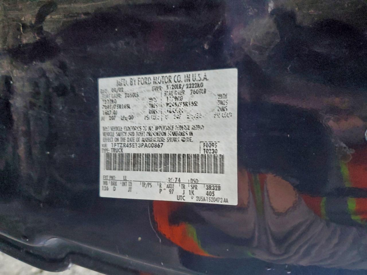 2003 Ford Ranger Super Cab VIN: 1FTZR45E13PA00867 Lot: 94419135