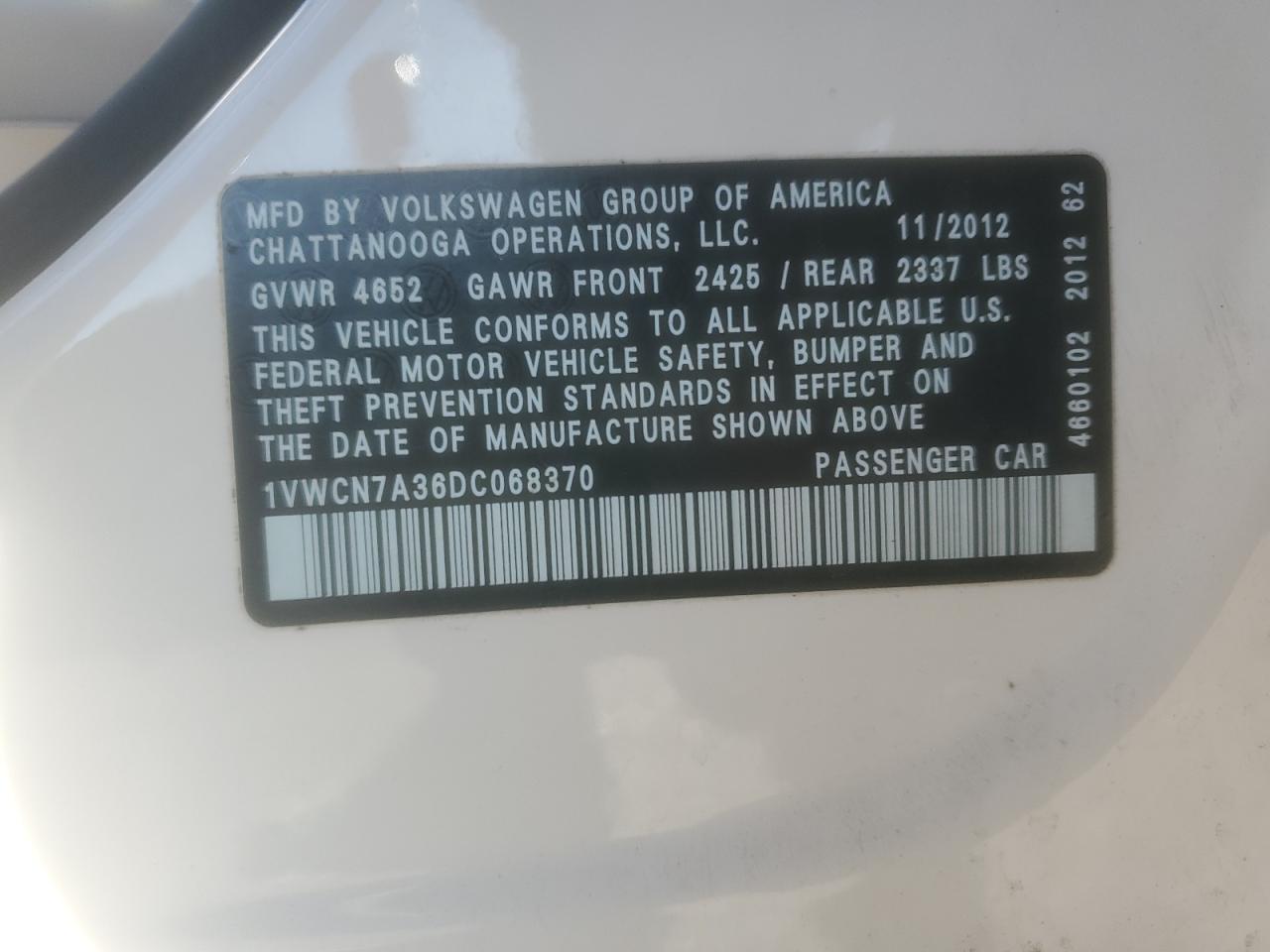 2013 Volkswagen Passat Sel VIN: 1VWCN7A36DC068370 Lot: 92043205