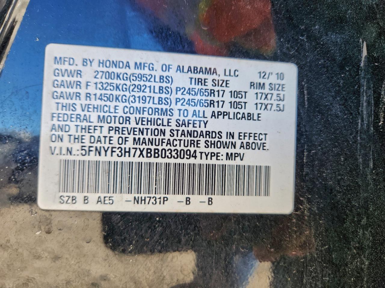 2011 Honda Pilot Exln VIN: 5FNYF3H7XBB033094 Lot: 93279705