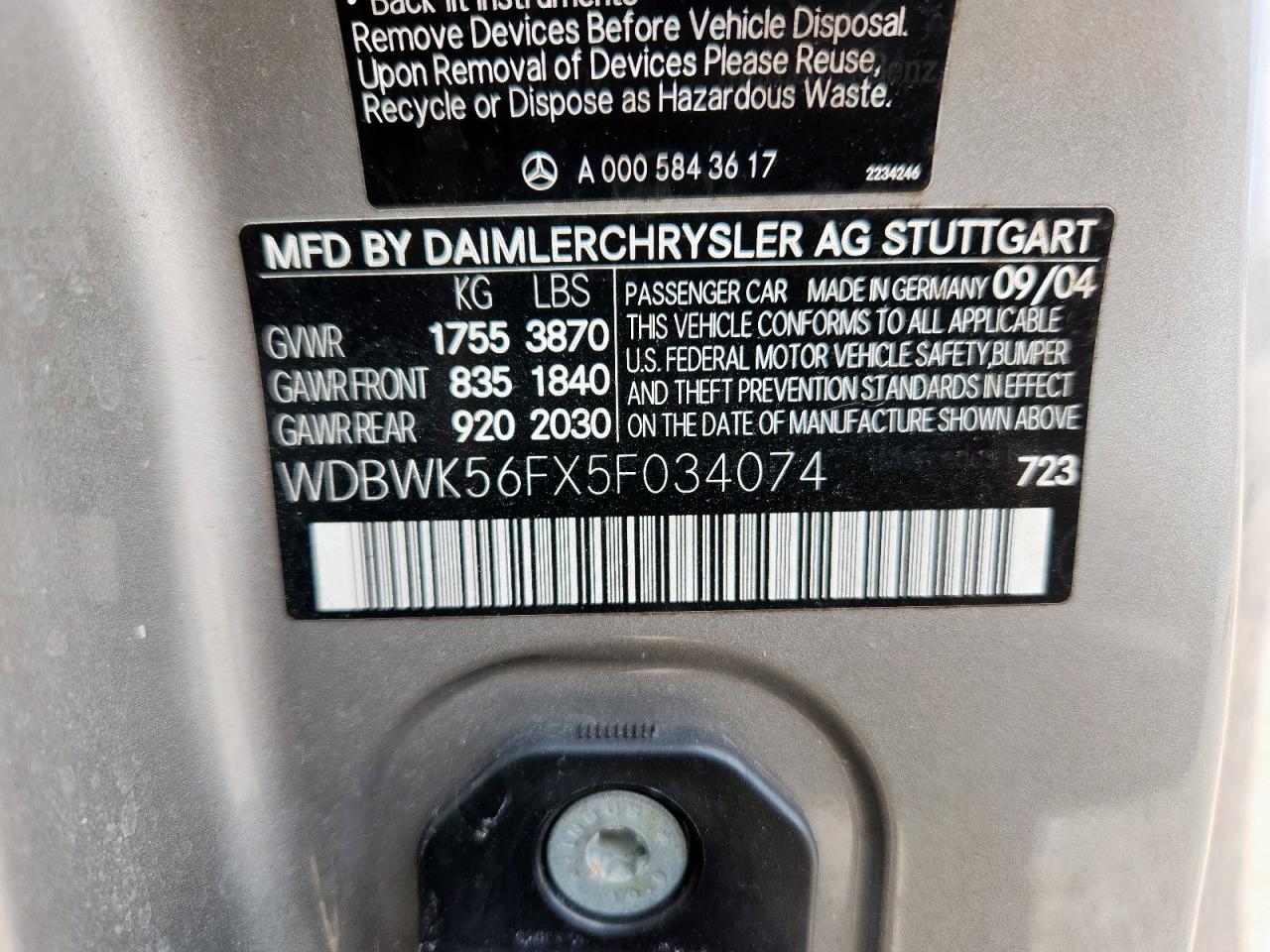 2005 Mercedes-Benz Slk 350 VIN: WDBWK56FX5F034074 Lot: 92322525