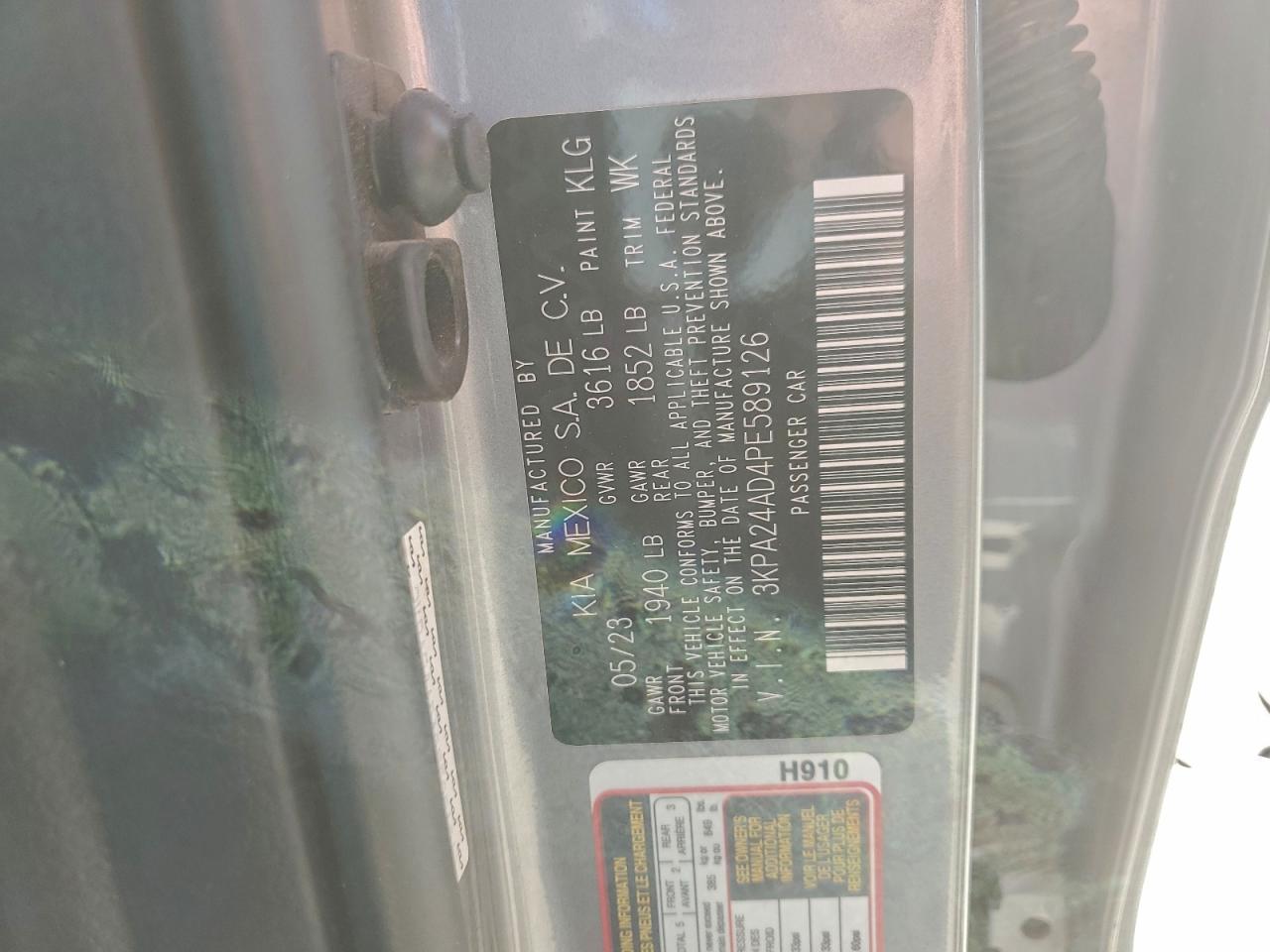 2023 Kia Rio Lx VIN: 3KPA24AD4PE589126 Lot: 92414785