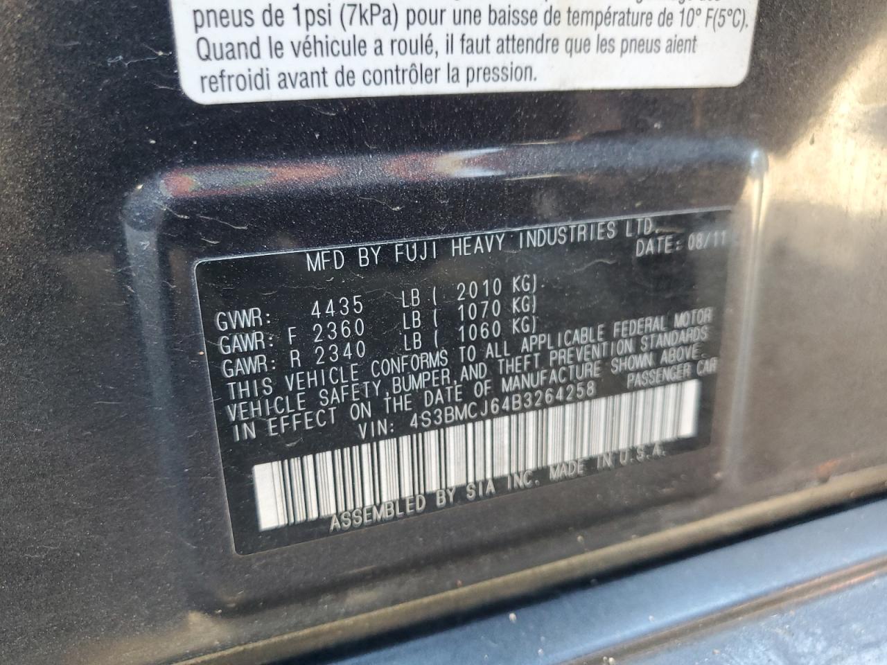 2011 Subaru Legacy 2.5I Limited VIN: 4S3BMCJ64B3264258 Lot: 91171365