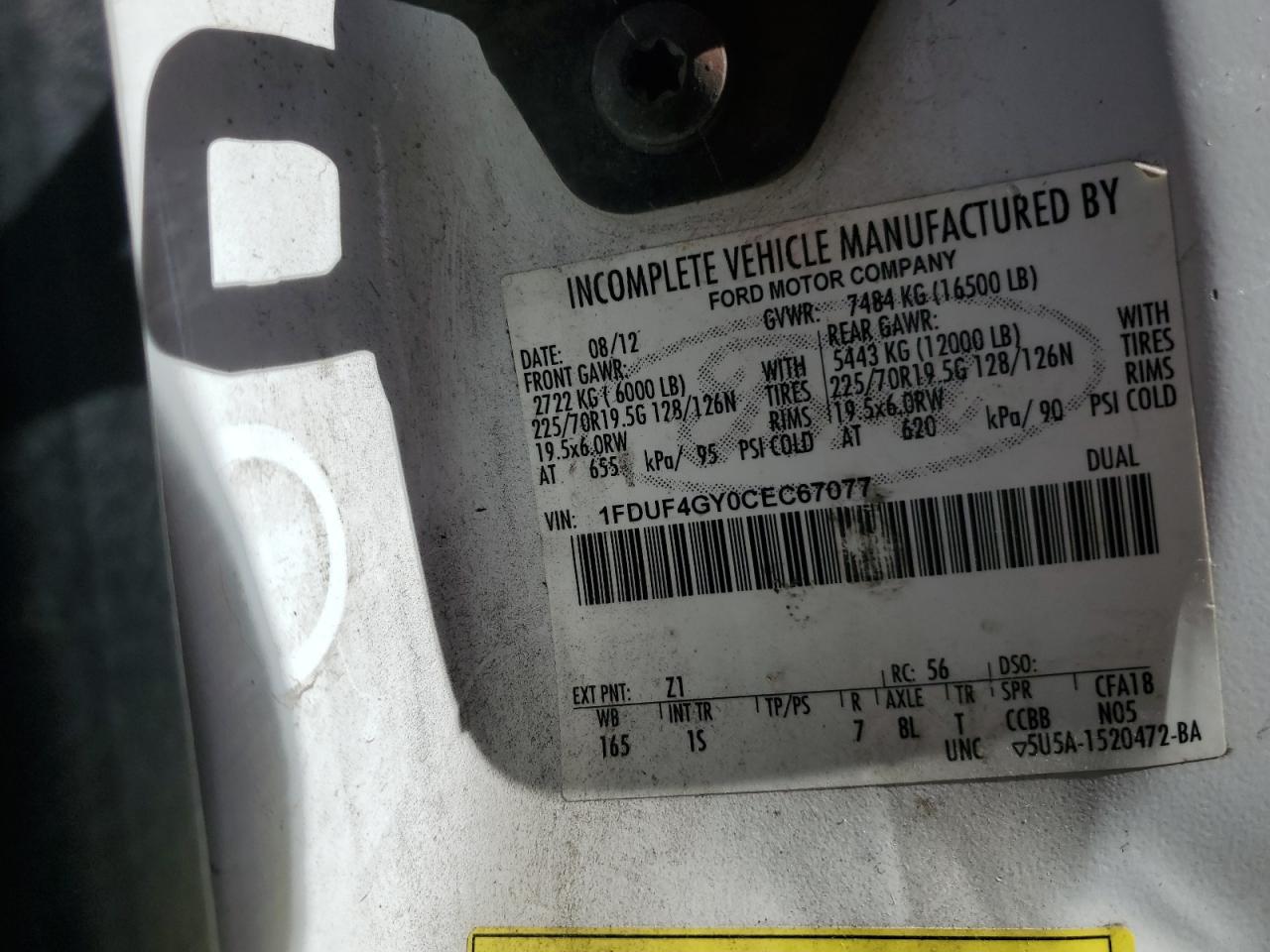 2012 Ford F450 Super Duty VIN: 1FDUF4GY0CEC67077 Lot: 92784105