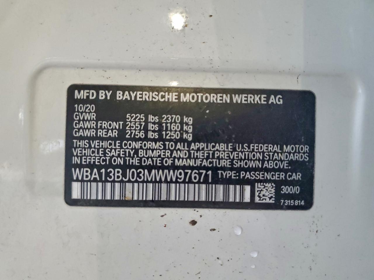 2021 BMW 530 Xi VIN: WBA13BJ03MWW97671 Lot: 94052145