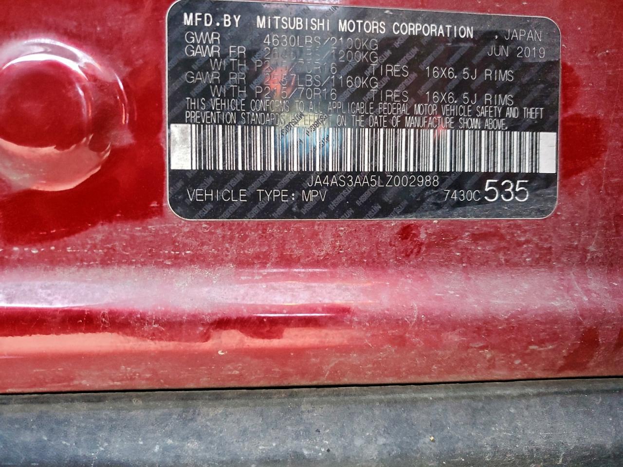 2020 Mitsubishi Eclipse Cross Es VIN: JA4AS3AA5LZ002988 Lot: 94356425
