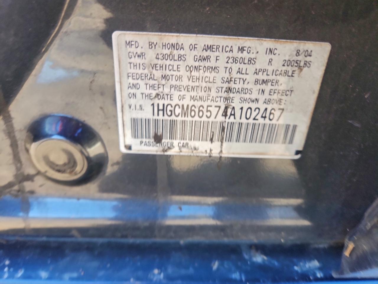 2004 Honda Accord Ex VIN: 1HGCM66574A102467 Lot: 94918825