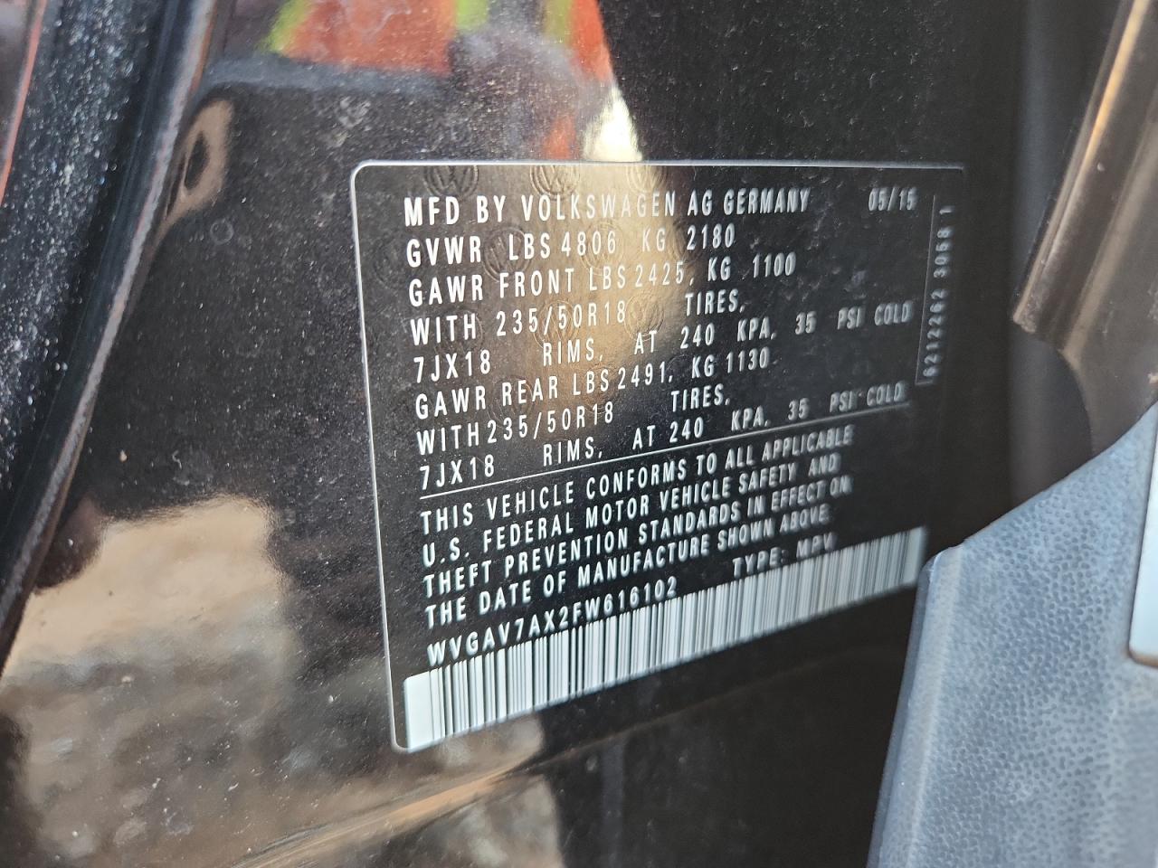 2015 Volkswagen Tiguan S VIN: WVGAV7AX2FW616102 Lot: 93674855