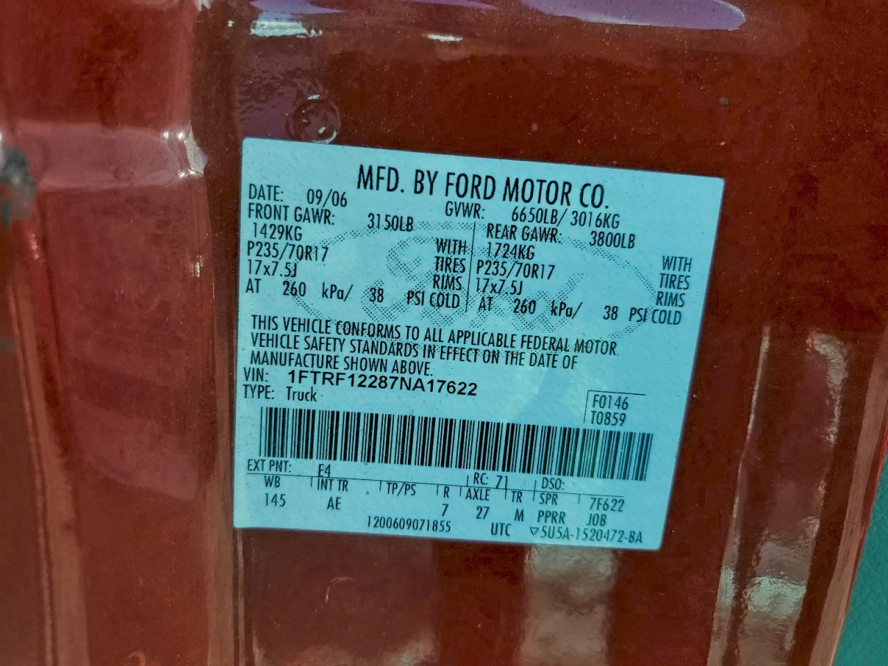 2007 Ford F150 VIN: 1FTRF12287NA17622 Lot: 93431805