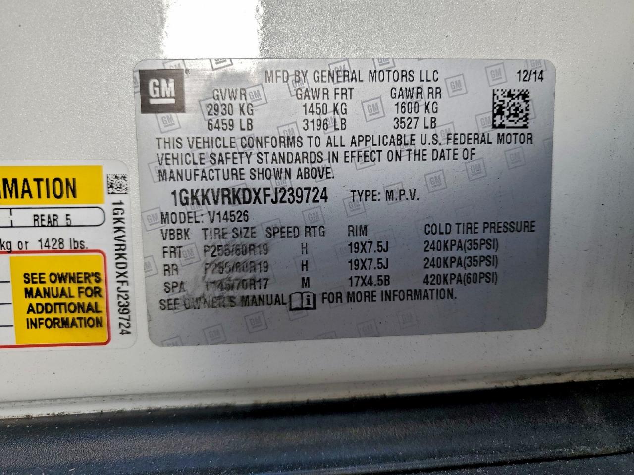 2015 GMC Acadia Slt-1 VIN: 1GKKVRKDXFJ239724 Lot: 94250355