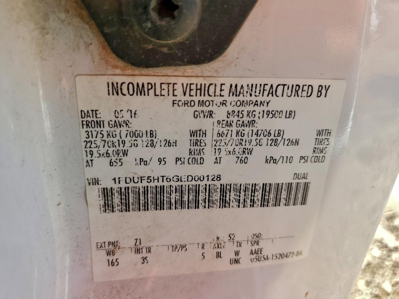 2016 Ford F550 Super Duty VIN: 1FDUF5HT6GED00128 Lot: 93974065