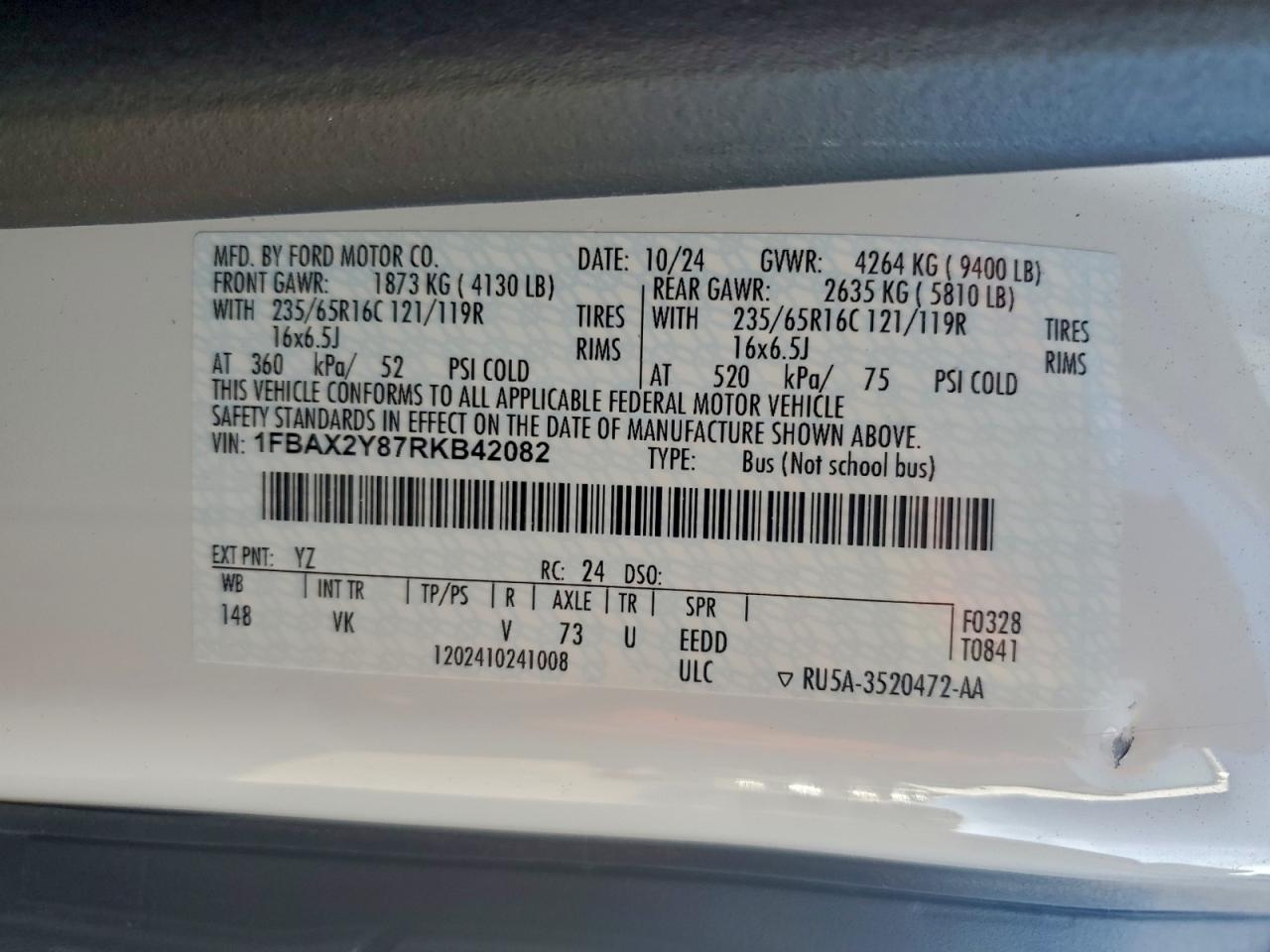 2024 Ford Transit T-350 VIN: 1FBAX2Y87RKB42082 Lot: 92889225