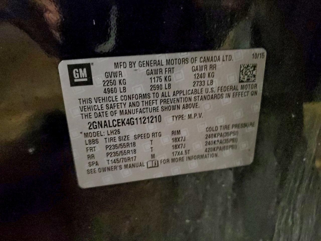 2016 Chevrolet Equinox Lt VIN: 2GNALCEK4G1121210 Lot: 93426005