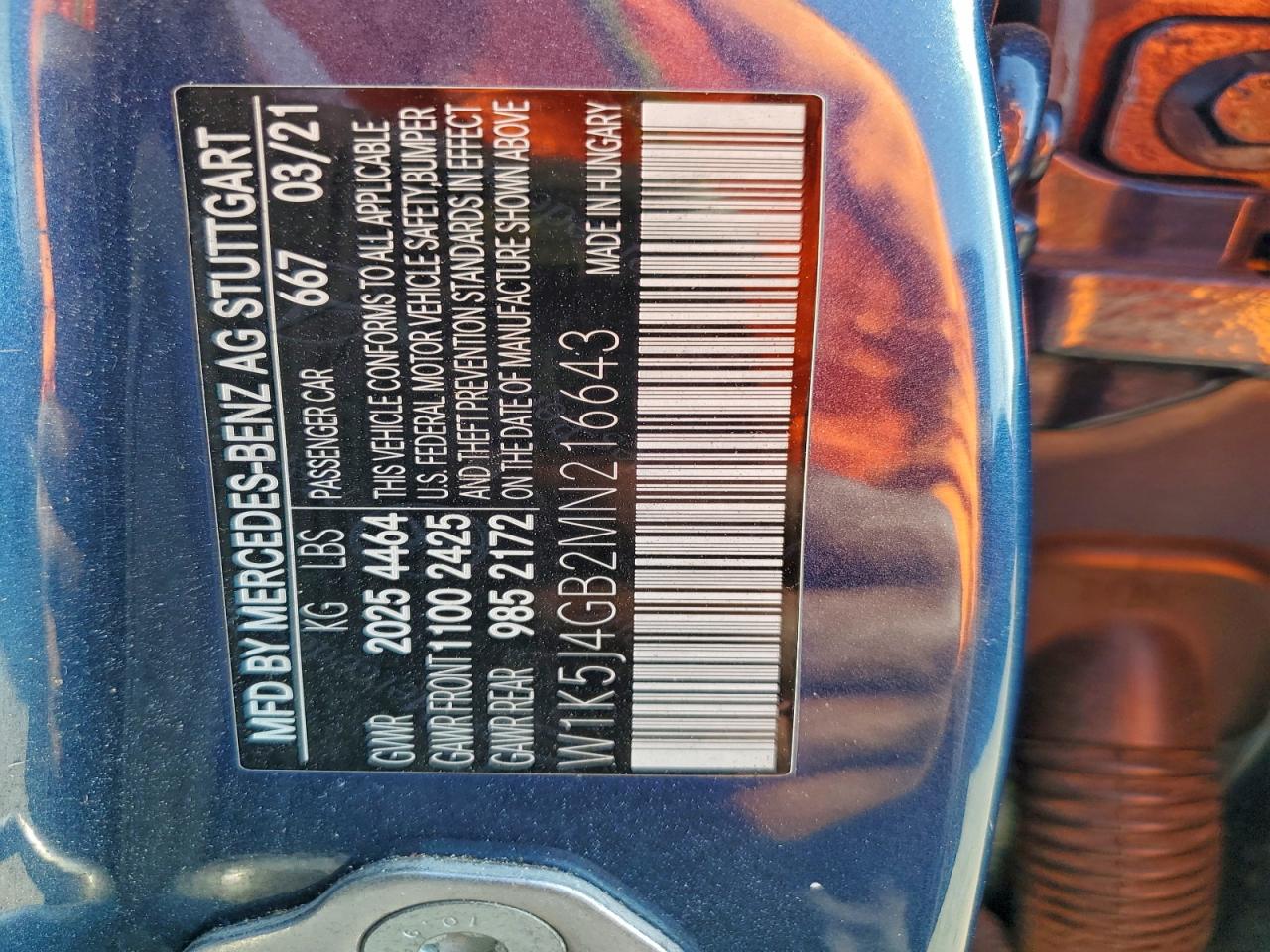 2021 Mercedes-Benz Cla 250 VIN: W1K5J4GB2MN216643 Lot: 93658055