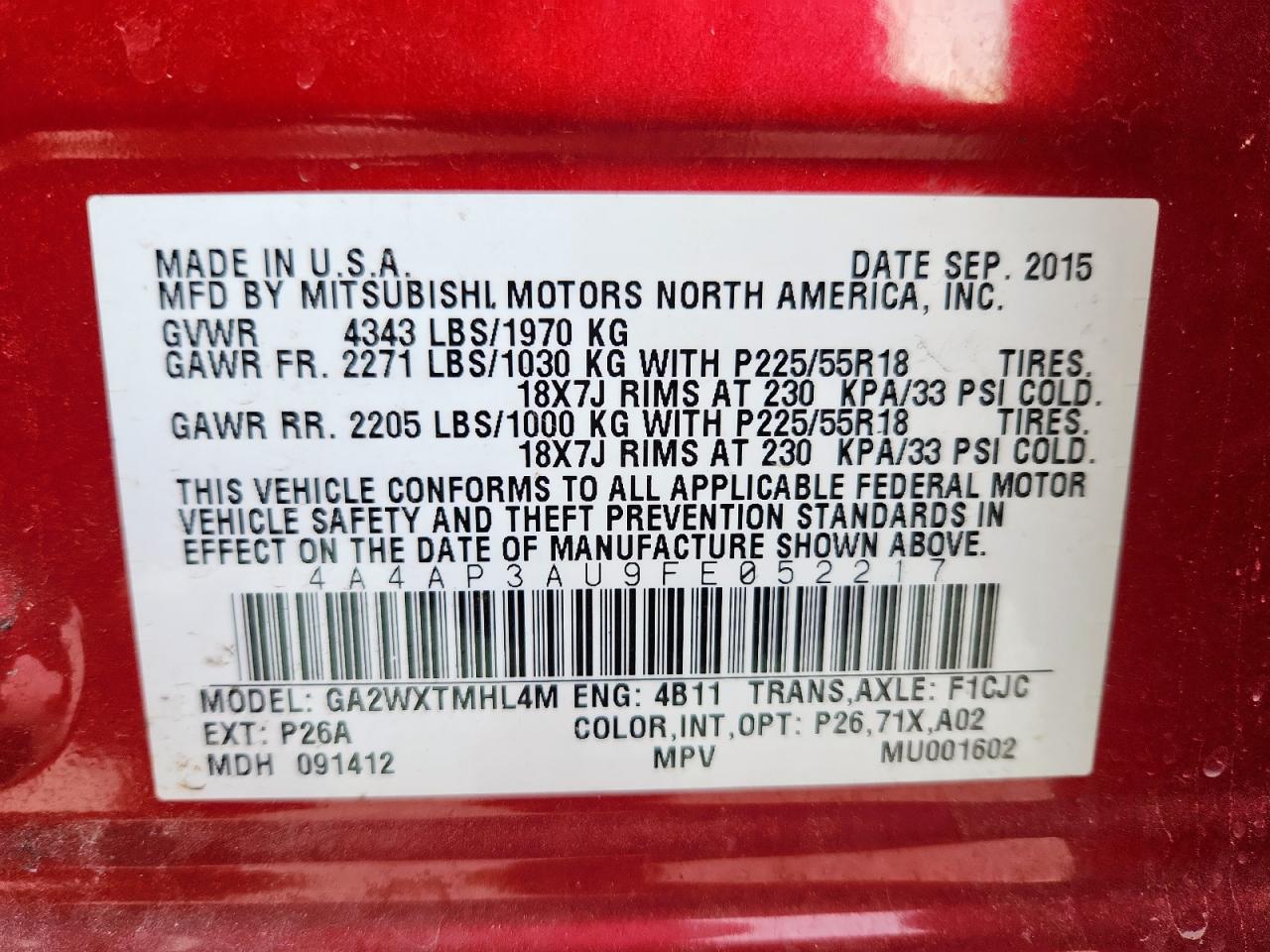 2015 Mitsubishi Outlander Sport Es VIN: 4A4AP3AU9FE052217 Lot: 91867315