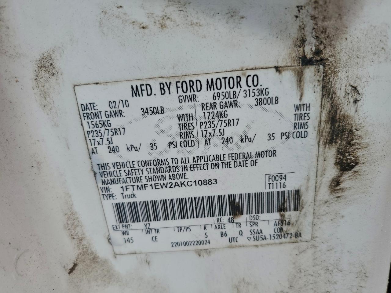 2010 Ford F150 VIN: 1FTMF1EW2AKC10883 Lot: 94453865