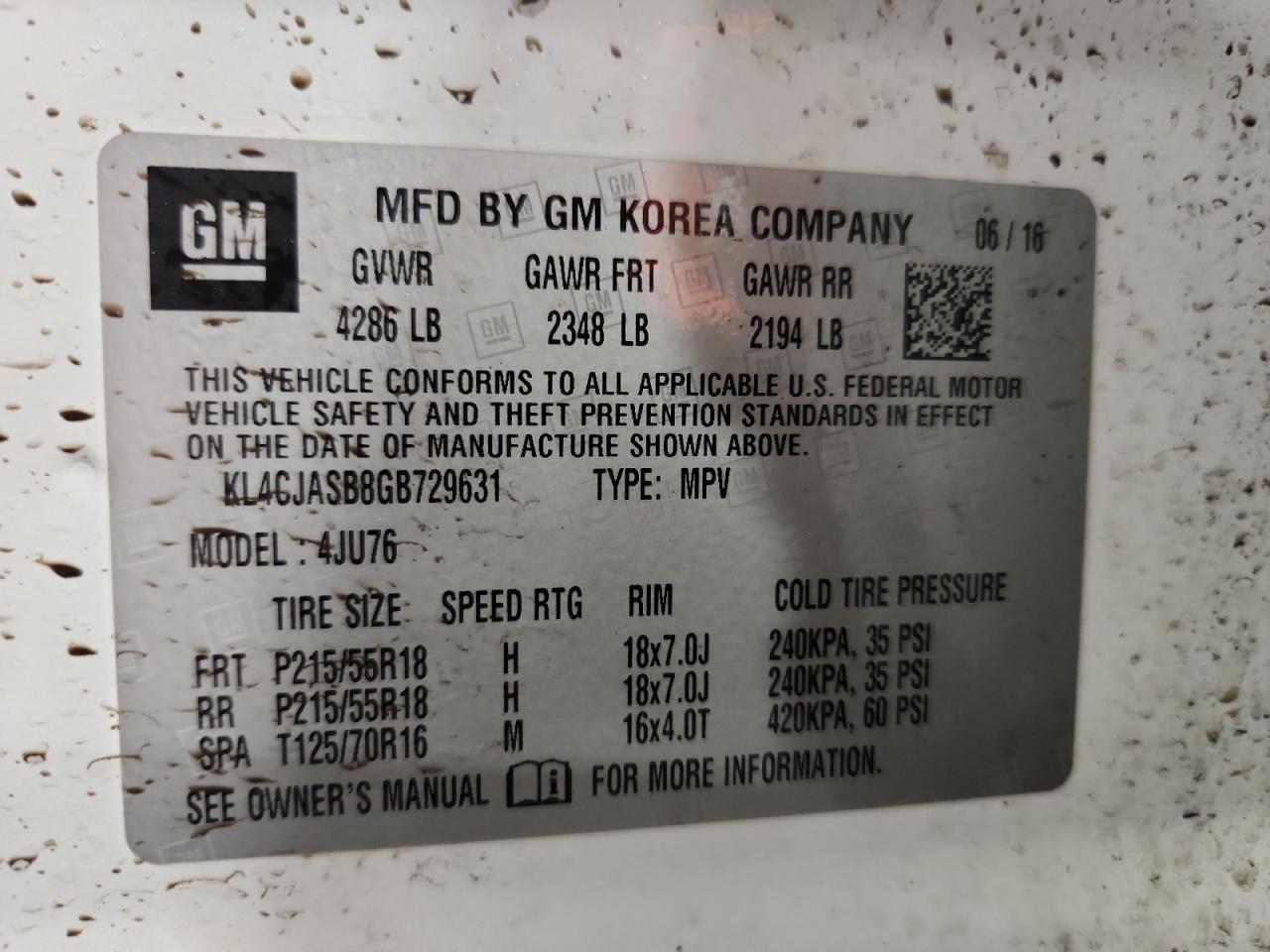 2016 Buick Encore VIN: KL4CJASB8GB729631 Lot: 92296345