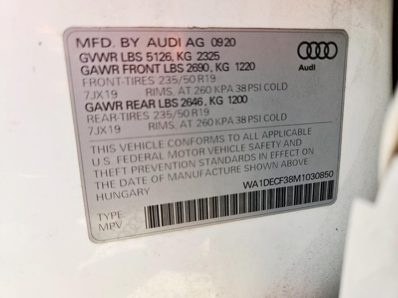 2021 Audi Q3 Premium S Line 45 VIN: WA1DECF38M1030850 Lot: 91363765