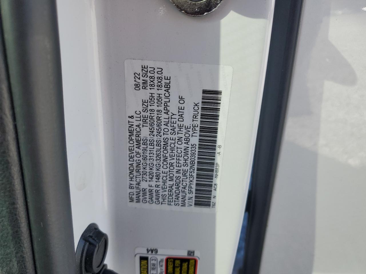 2022 Honda Ridgeline Rtl VIN: 5FPYK3F52NB039335 Lot: 91022625