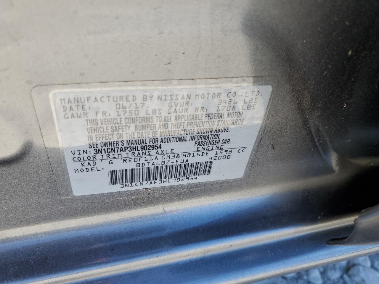 2017 Nissan Versa S VIN: 3N1CN7AP3HL902954 Lot: 91192015