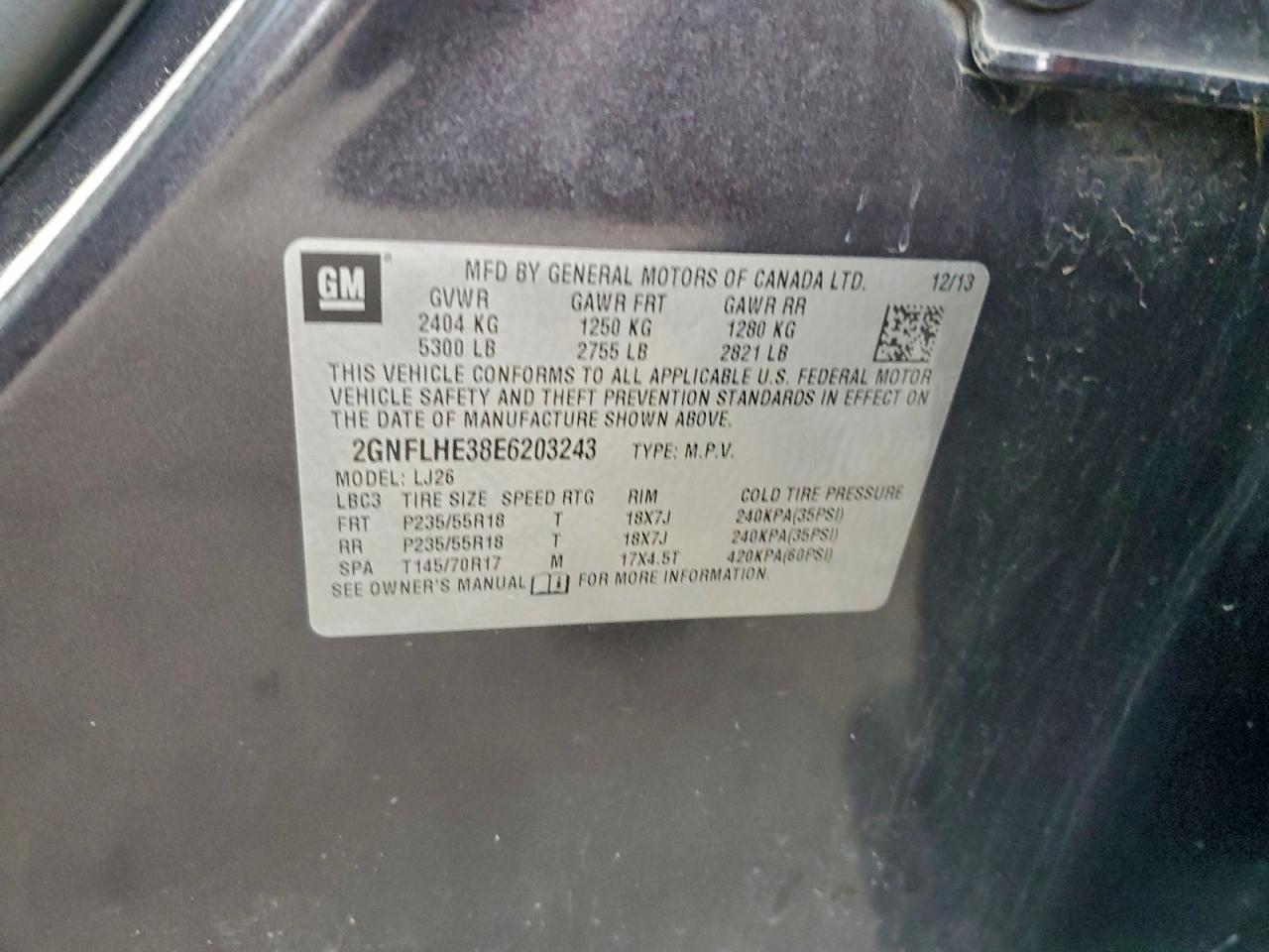 2014 Chevrolet Equinox Ltz VIN: 2GNFLHE38E6203243 Lot: 94190405