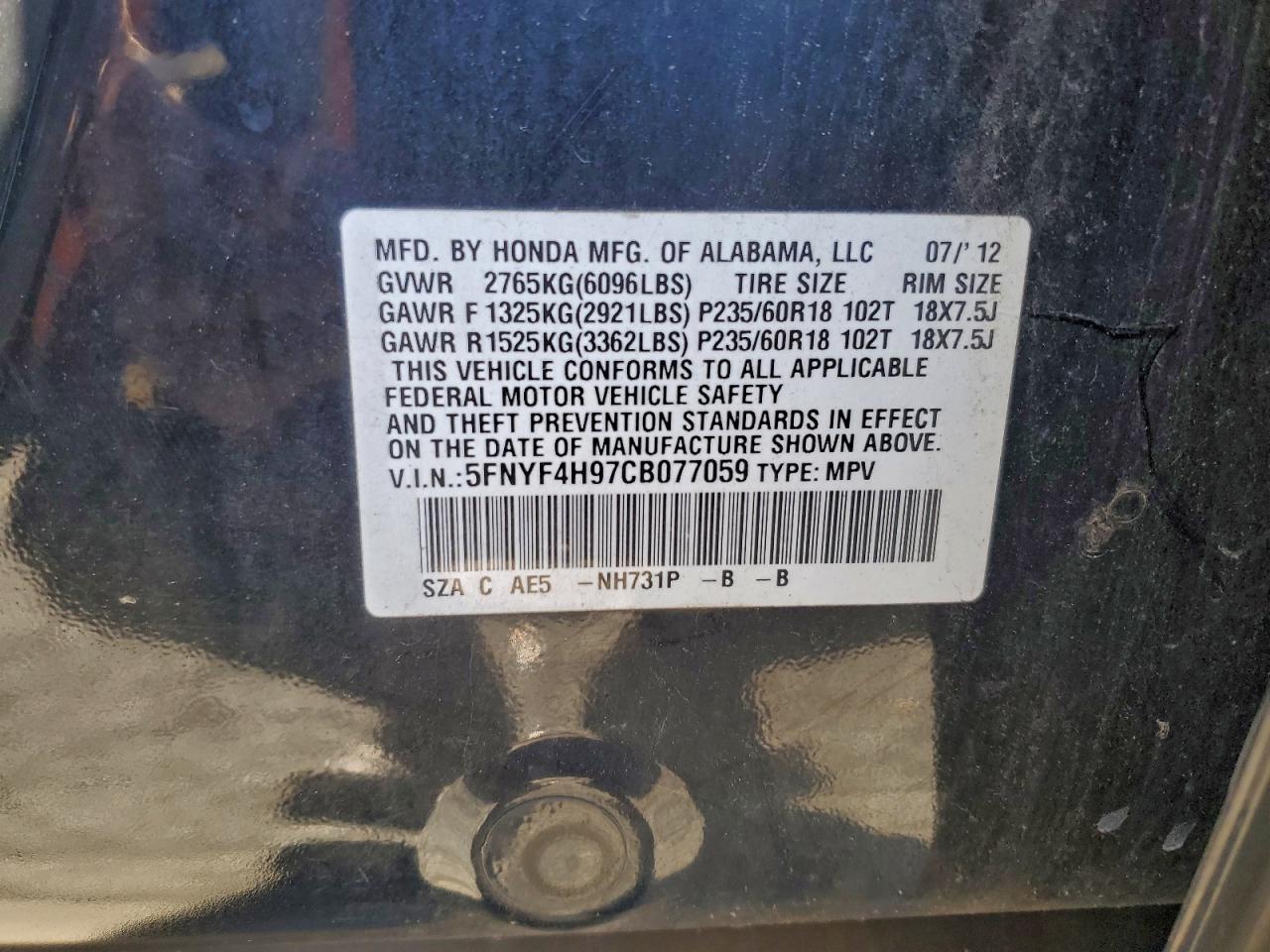 2012 Honda Pilot Touring VIN: 5FNYF4H97CB077059 Lot: 93977995