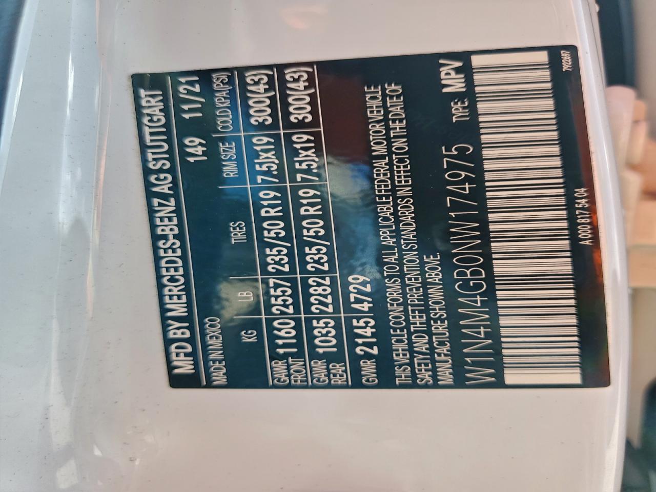 2022 Mercedes-Benz Glb 250 VIN: W1N4M4GB0NW174975 Lot: 93863145