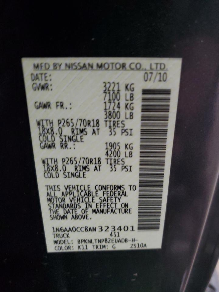 2010 Nissan Titan Xe VIN: 1N6AA0CC8AN323401 Lot: 87127935