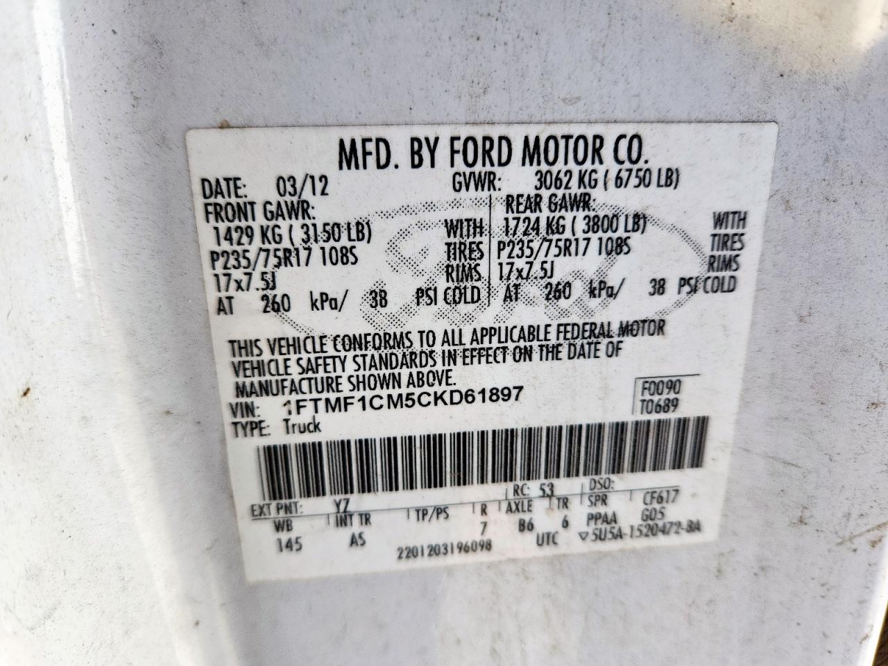 2012 Ford F150 VIN: 1FTMF1CM5CKD61897 Lot: 91906785