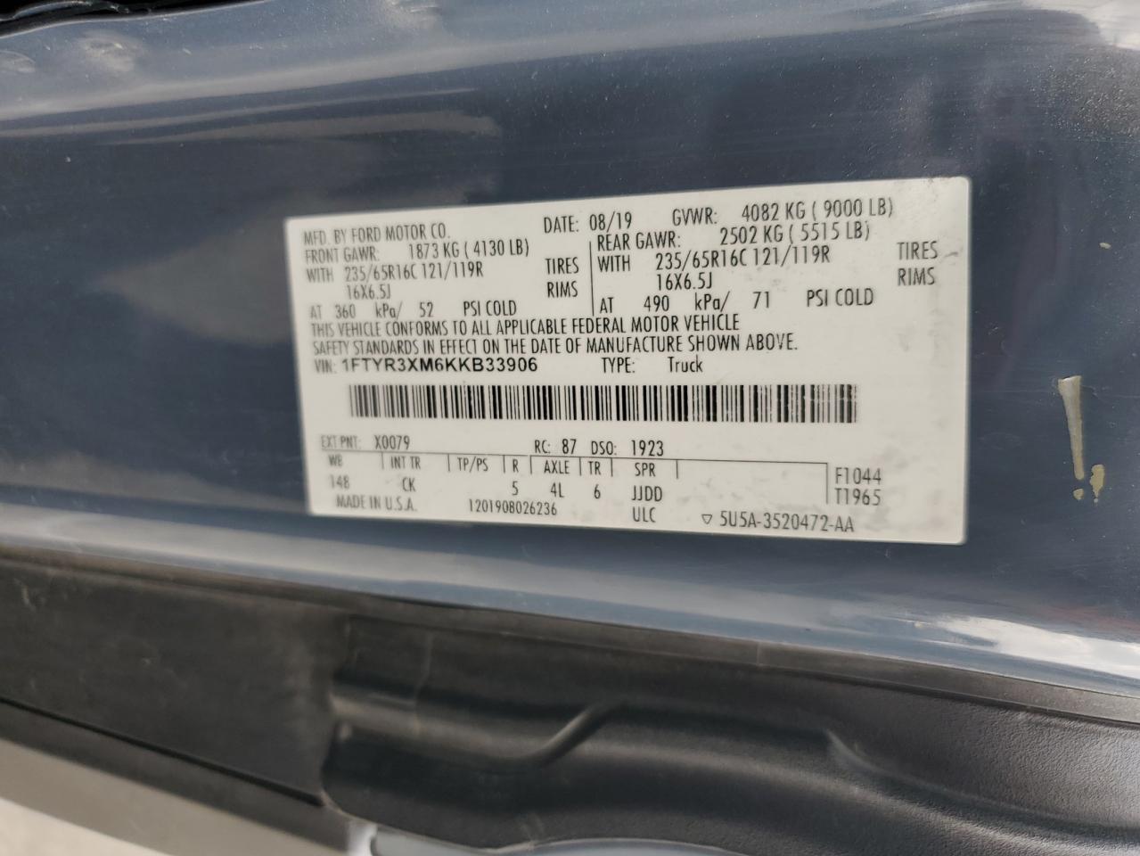 2019 Ford Transit T-250 VIN: 1FTYR3XM6KKB33906 Lot: 92944425