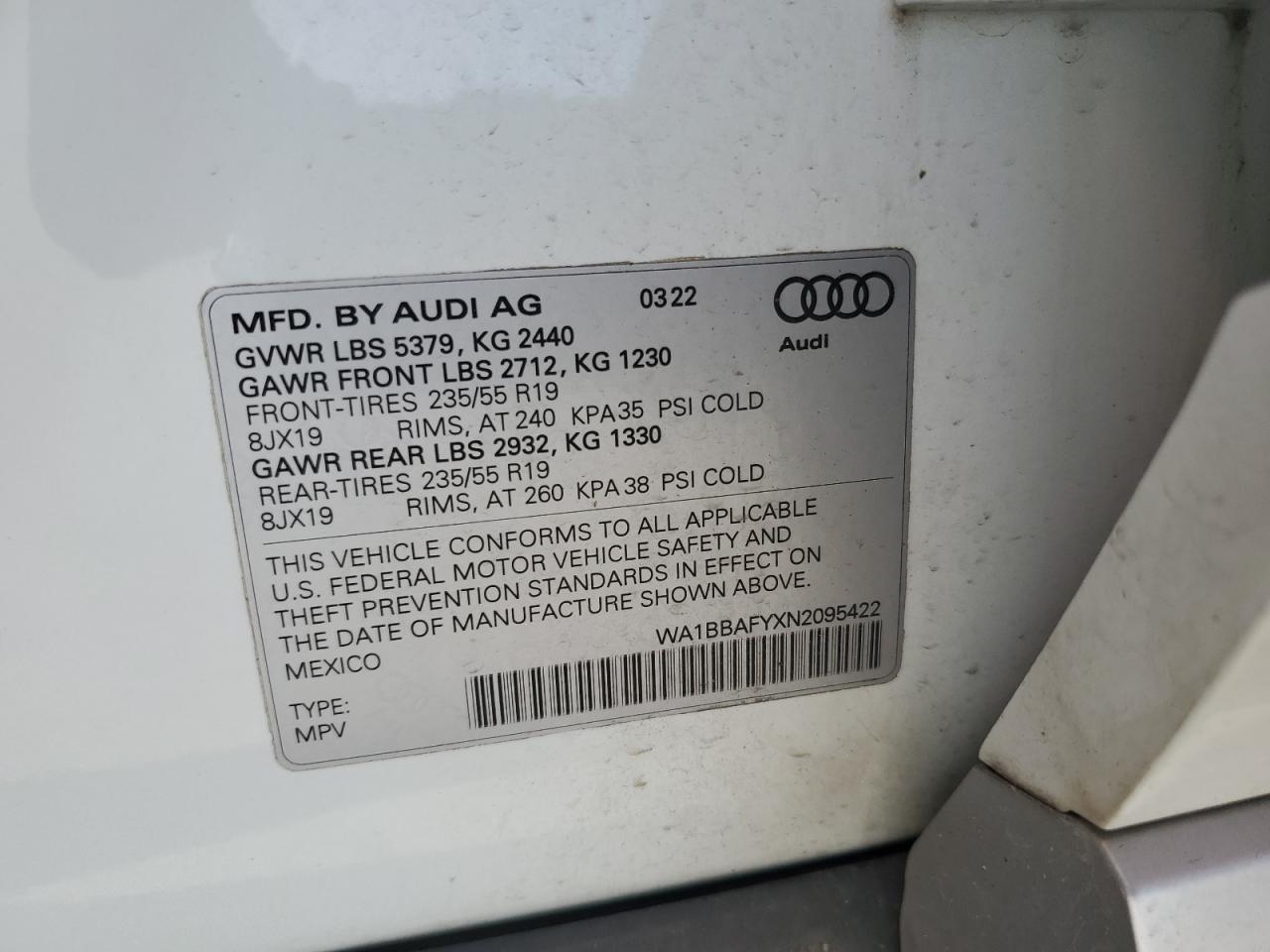 2022 Audi Q5 Premium Plus 40 VIN: WA1BBAFYXN2095422 Lot: 93569585