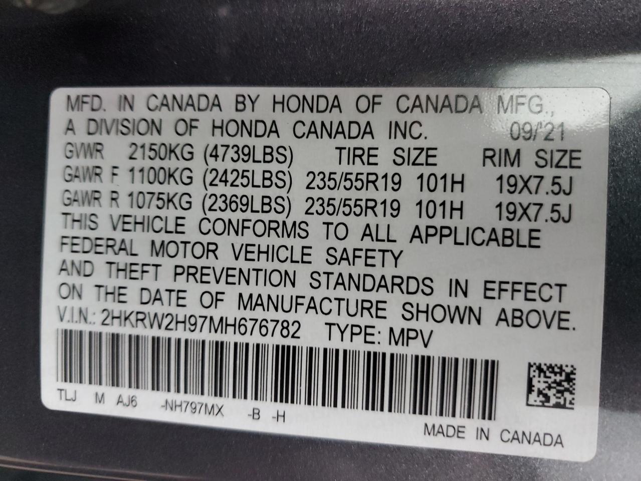 2021 Honda Cr-V Touring VIN: 2HKRW2H97MH676782 Lot: 92204035