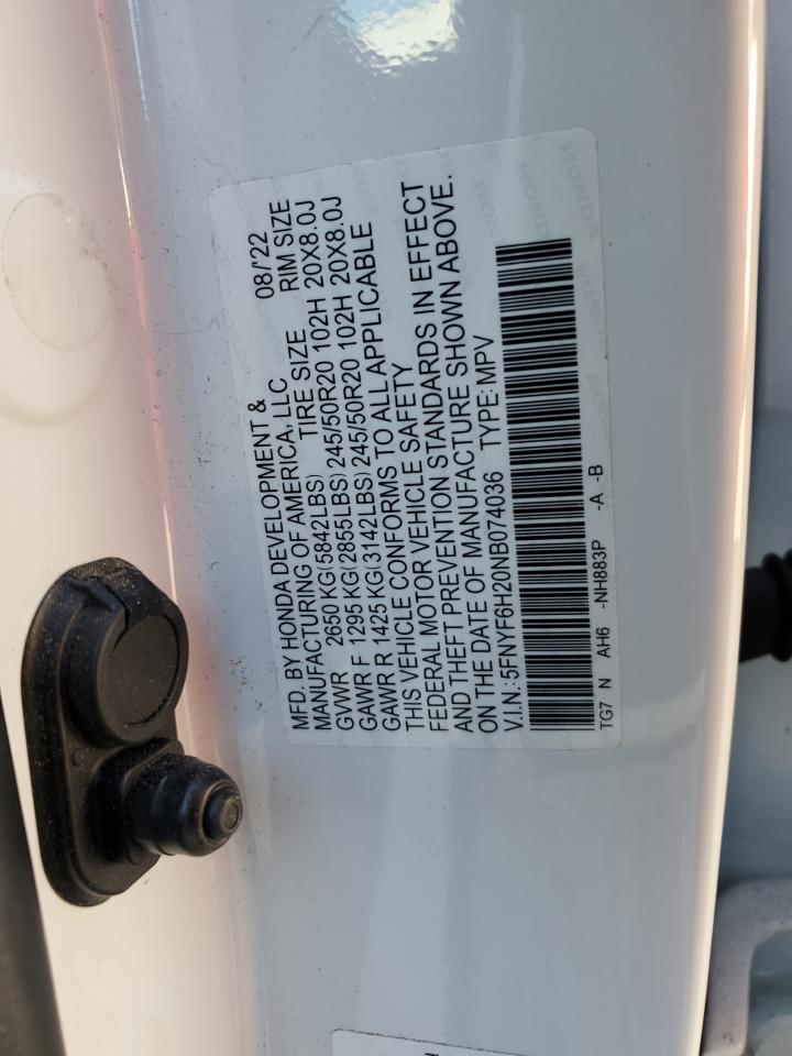 2022 Honda Pilot Se VIN: 5FNYF6H20NB074036 Lot: 92222705