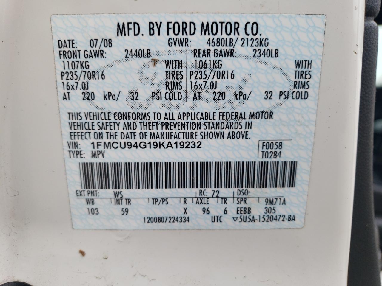 2009 Ford Escape Limited VIN: 1FMCU94G19KA19232 Lot: 93507415