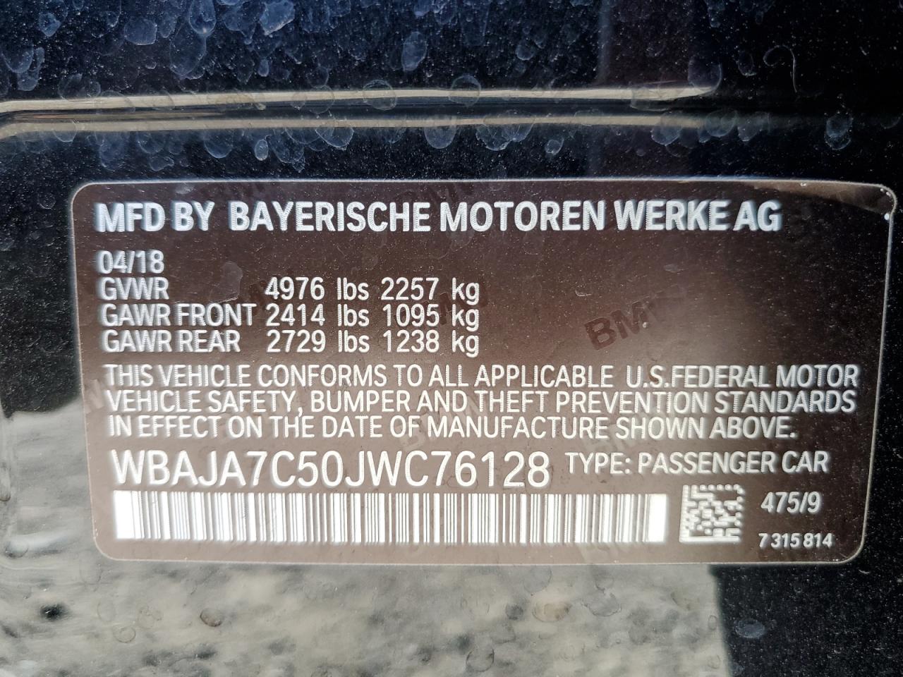 2018 BMW 530 Xi VIN: WBAJA7C50JWC76128 Lot: 92879225